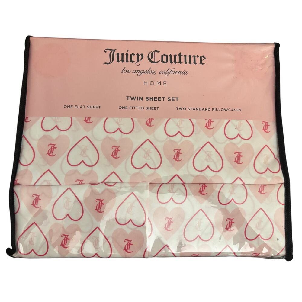 Juicy Couture Twin Sheet Set Hearts Pink 4 Pc Flat Fitted Pillowcases New